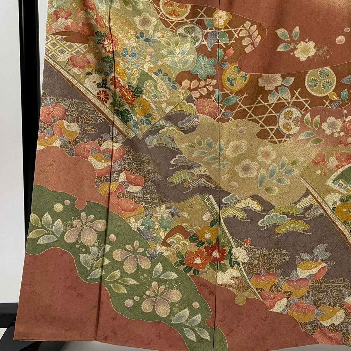 訪問服 身長164.5cm 袖長66.5cm M 雙層 草花紋紋 流水 金絲 金銀彩 茜 純蠶絲 名品級