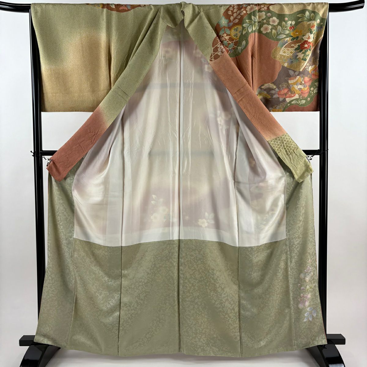 訪問服 身長164.5cm 袖長66.5cm M 雙層 草花紋紋 流水 金絲 金銀彩 茜 純蠶絲 名品級