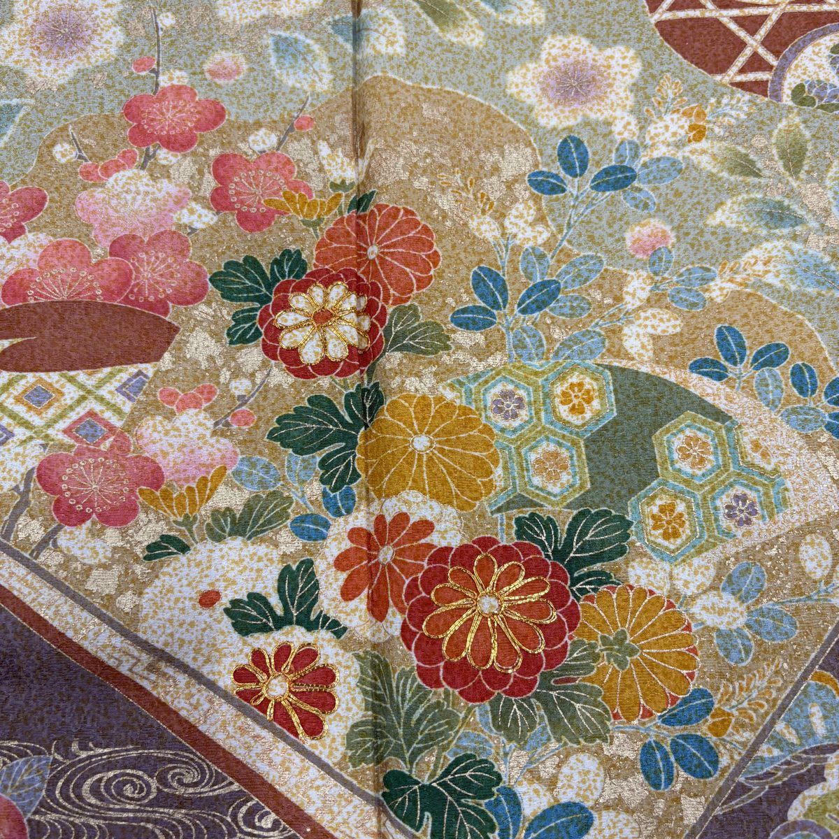 訪問服 身長164.5cm 袖長66.5cm M 雙層 草花紋紋 流水 金絲 金銀彩 茜 純蠶絲 名品級