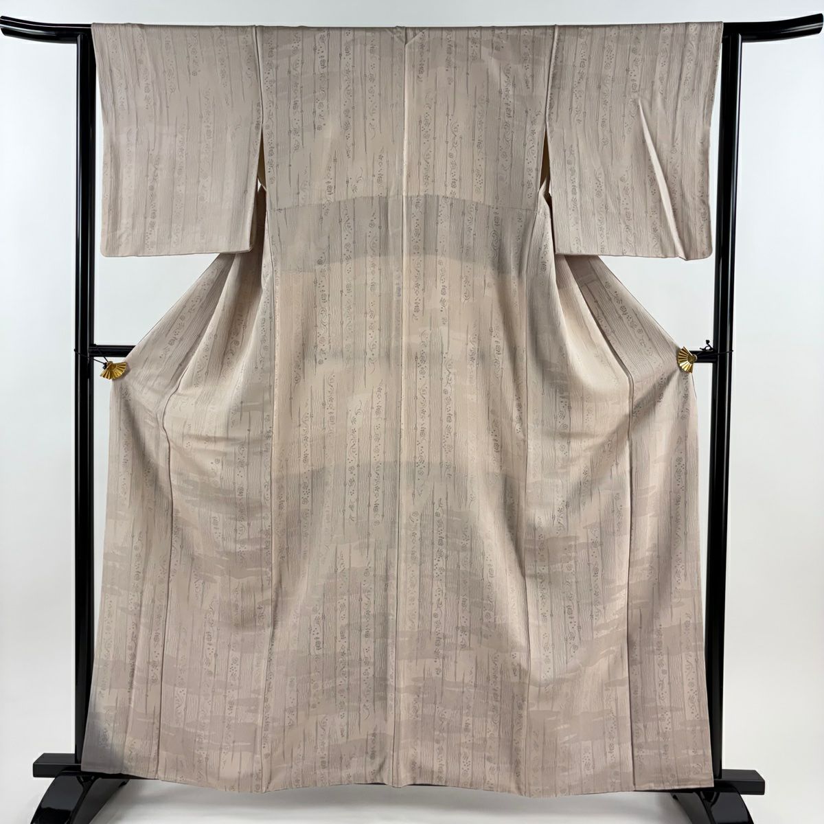 【美品】 付下 身長161.5cm 袖長63.5cm S 雙層 縱條 草花紋紋 漸層 灰櫻 純蠶絲 名品級
