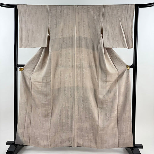 【美品】 付下 身長161.5cm 袖長63.5cm S 雙層 縱條 草花紋紋 漸層 灰櫻 純蠶絲 名品級