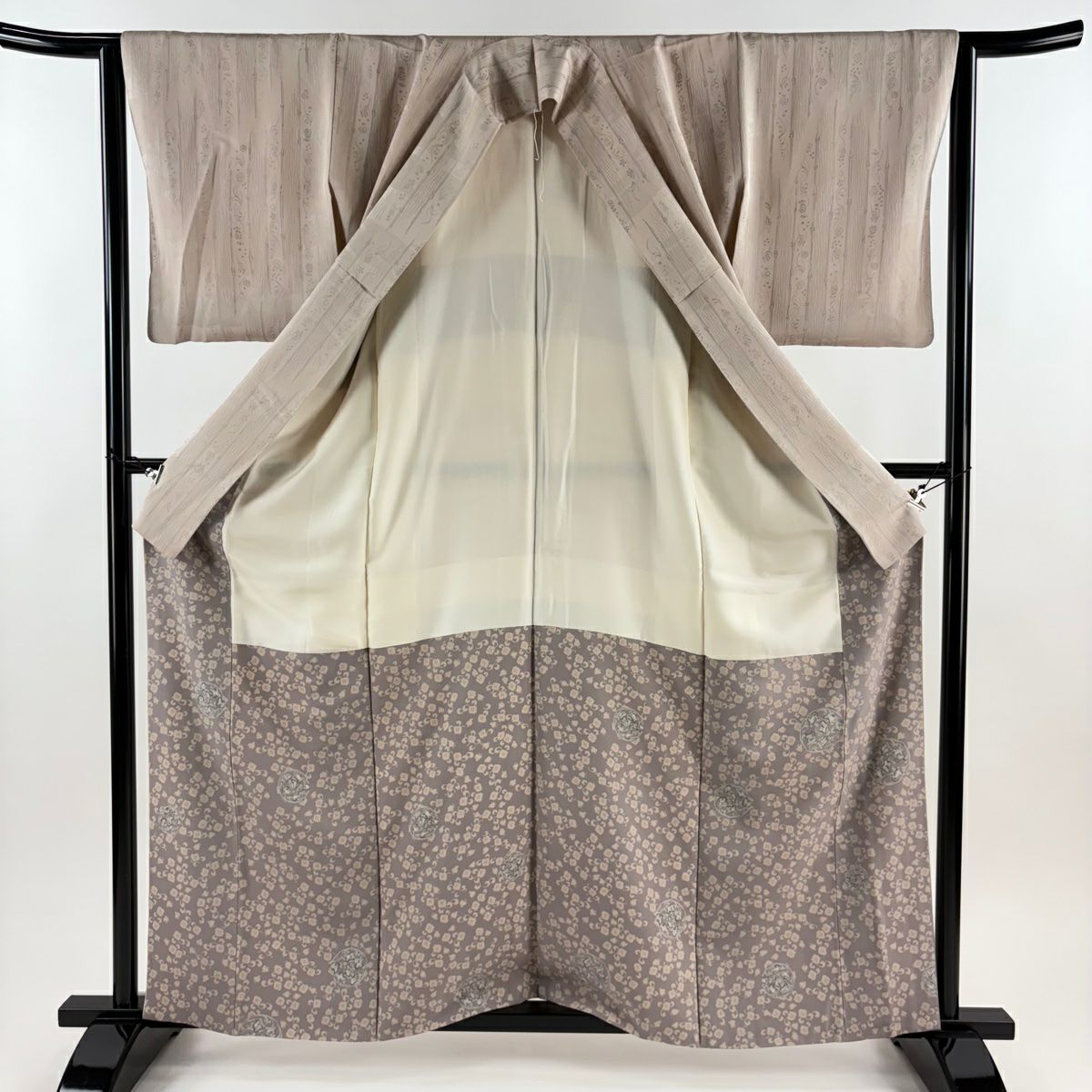 【美品】 付下 身長161.5cm 袖長63.5cm S 雙層 縱條 草花紋紋 漸層 灰櫻 純蠶絲 名品級
