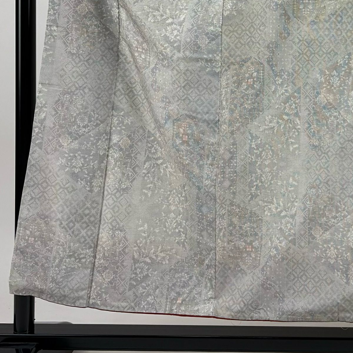 大島紬織 身長157cm 袖長66cm M 雙層 名匠たかし 證書齊全 草花紋紋 菱形 灰 純蠶絲 名品級