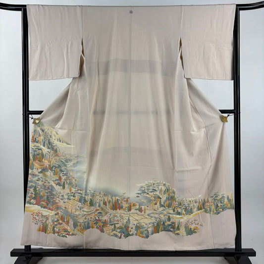 色留袖禮服 身長156.5cm 袖長63.5cm S 雙層 柿本市郎 ますいわ屋 落款あり 風景 家屋 淺粉色 純蠶絲 名品級 一つ紋