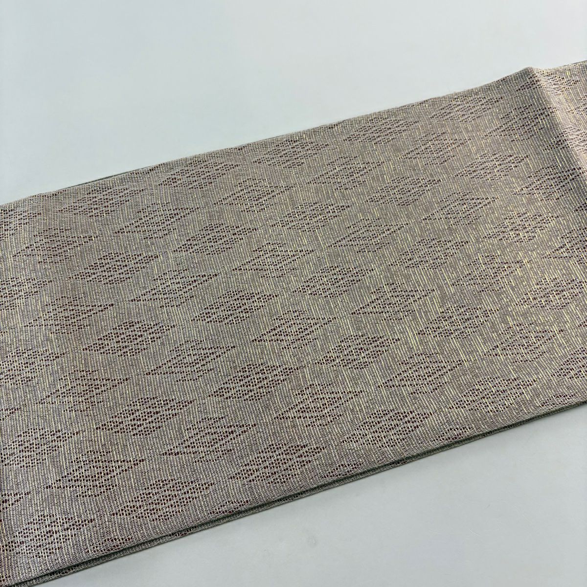 【美品】 袋帶 名品級 菱形 縞紋 金絲 小豆色 大鼓圖案 純蠶絲