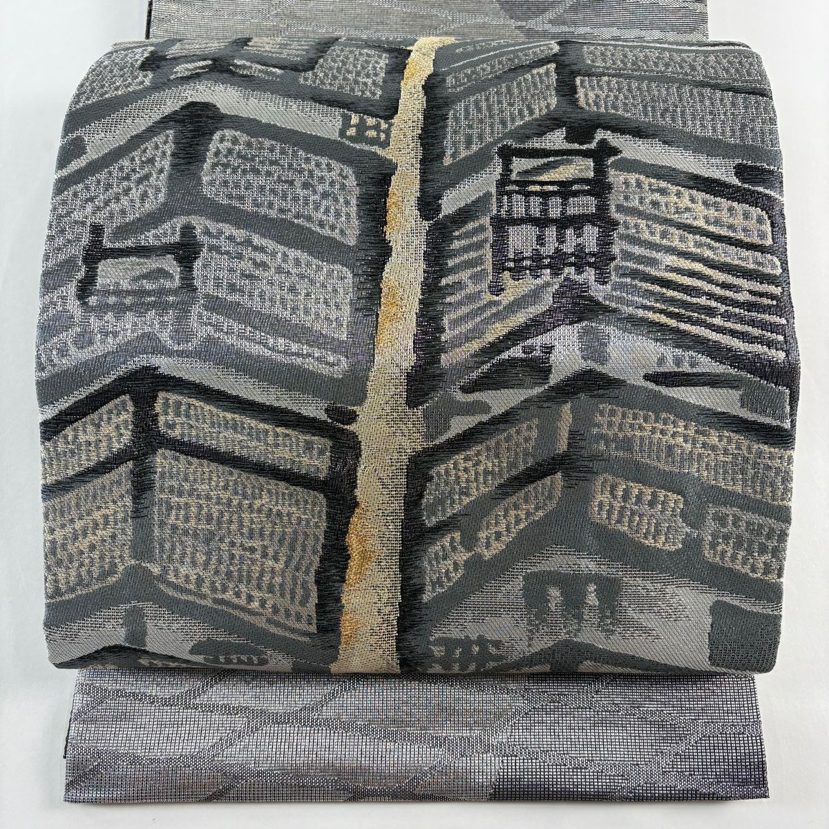 【美品】 袋帶 名品級 家屋 金銀絲 灰色 大鼓圖案 純蠶絲