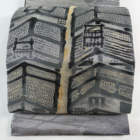 【美品】 袋帶 名品級 家屋 金銀絲 灰色 大鼓圖案 純蠶絲