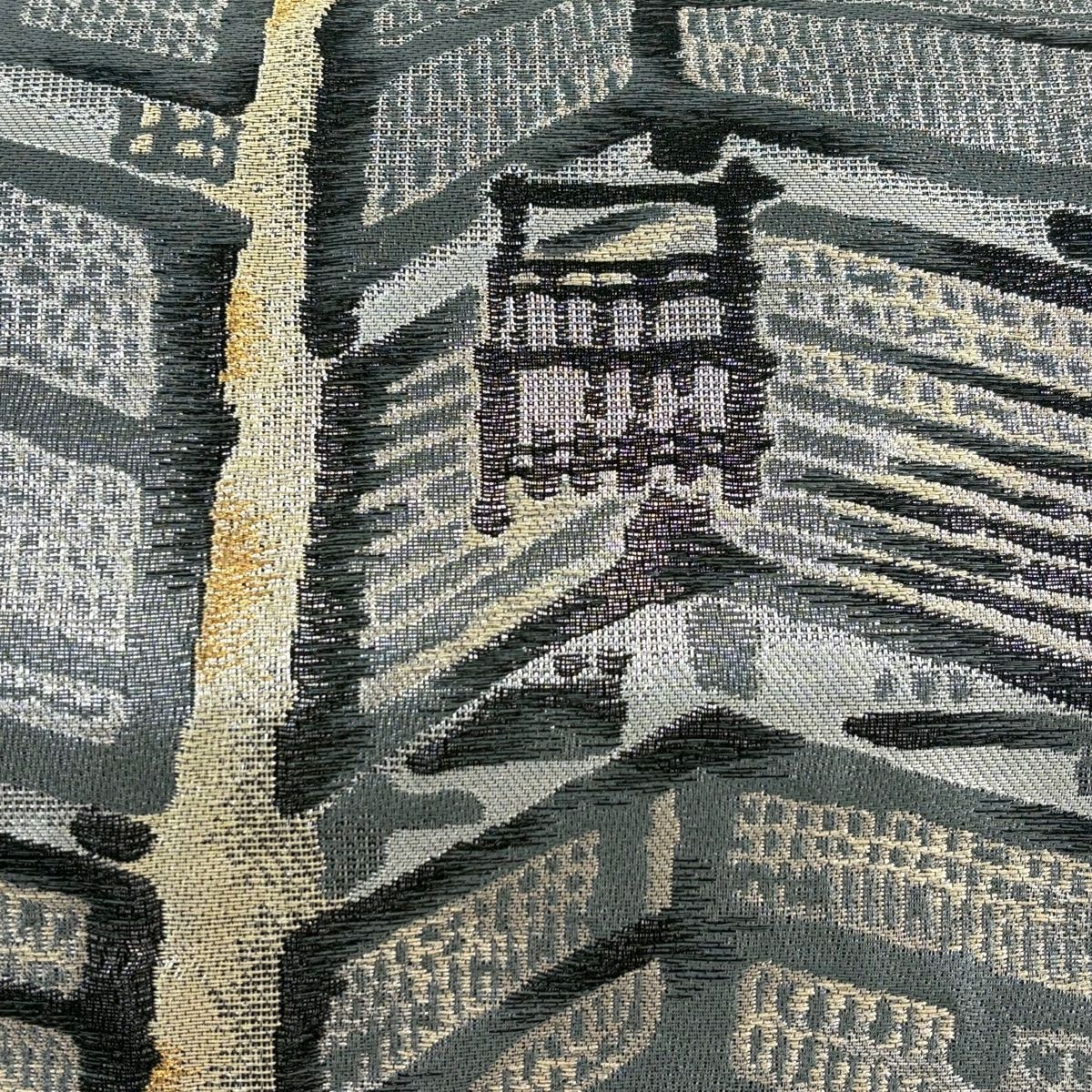 【美品】 袋帶 名品級 家屋 金銀絲 灰色 大鼓圖案 純蠶絲