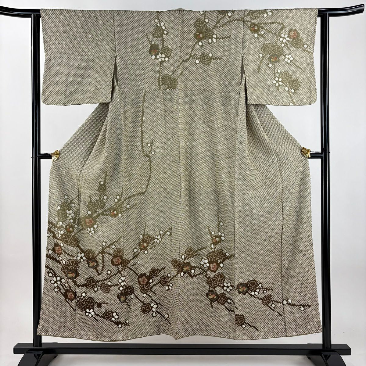 訪問服 身長152cm 袖長63.5cm S 雙層 枝梅花 菊花 刺繡 絞染 灰綠 純蠶絲 秀品級