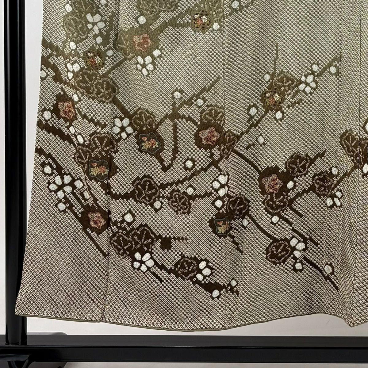 訪問服 身長152cm 袖長63.5cm S 雙層 枝梅花 菊花 刺繡 絞染 灰綠 純蠶絲 秀品級