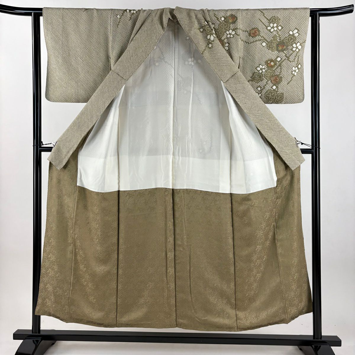 訪問服 身長152cm 袖長63.5cm S 雙層 枝梅花 菊花 刺繡 絞染 灰綠 純蠶絲 秀品級