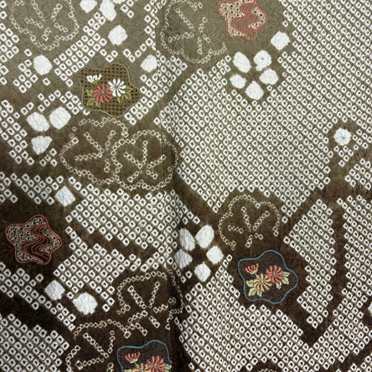 訪問服 身長152cm 袖長63.5cm S 雙層 枝梅花 菊花 刺繡 絞染 灰綠 純蠶絲 秀品級