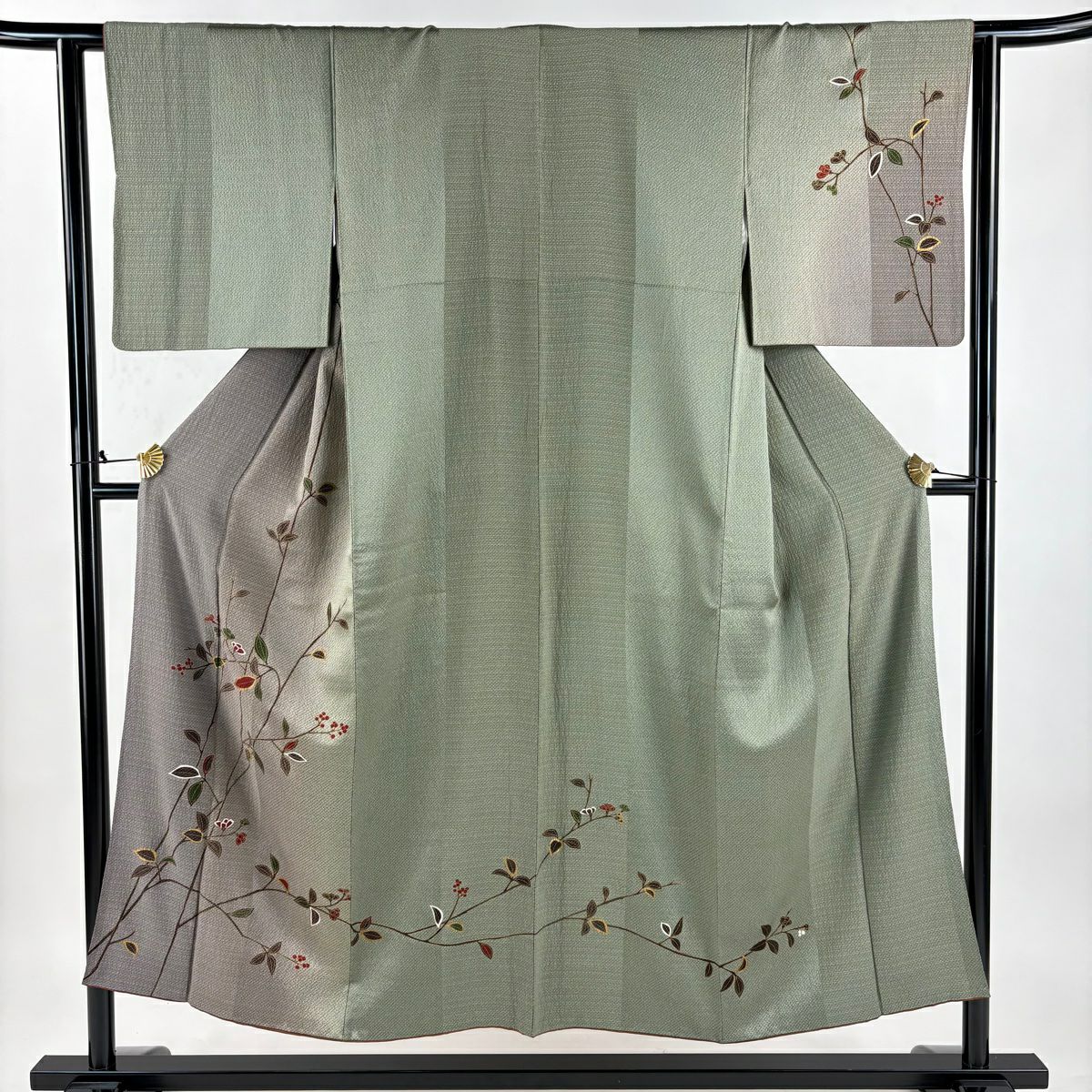訪問服 身長151cm 袖長63cm S 雙層 枝花 疋田 金彩裝飾 漸層 灰綠 純蠶絲 優品級