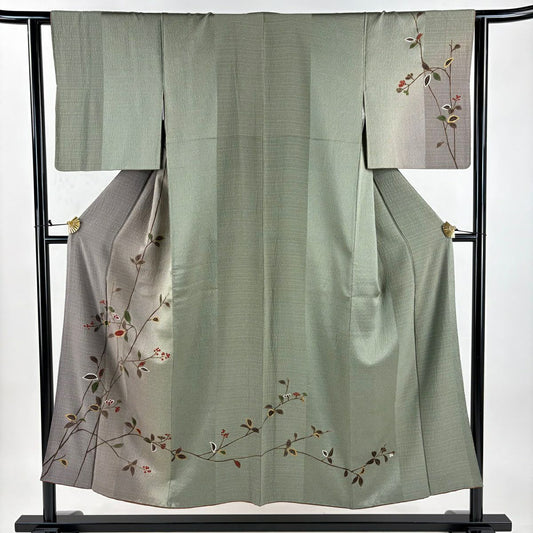 訪問服 身長151cm 袖長63cm S 雙層 枝花 疋田 金彩裝飾 漸層 灰綠 純蠶絲 優品級