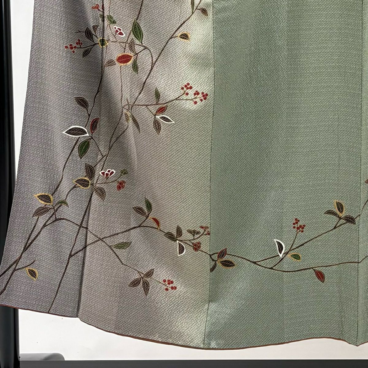 訪問服 身長151cm 袖長63cm S 雙層 枝花 疋田 金彩裝飾 漸層 灰綠 純蠶絲 優品級