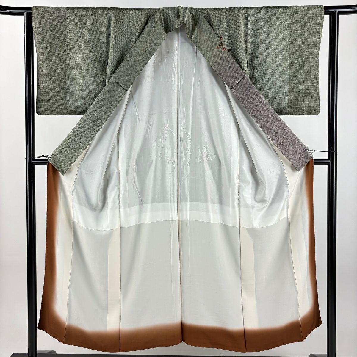 訪問服 身長151cm 袖長63cm S 雙層 枝花 疋田 金彩裝飾 漸層 灰綠 純蠶絲 優品級