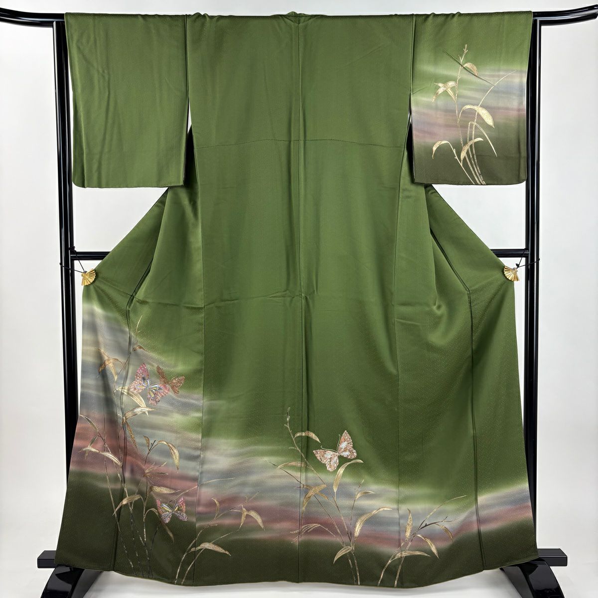 付下 身長163cm 袖長65.5cm M 雙層 蝶 草花紋紋 金銀彩 螺鈿 綠 純蠶絲 秀品級