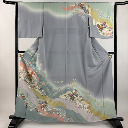 訪問服 身長161cm 袖長64cm M 雙層 草花紋紋 道長取 金絲 金銀彩 青灰 純蠶絲 秀品級 一つ紋