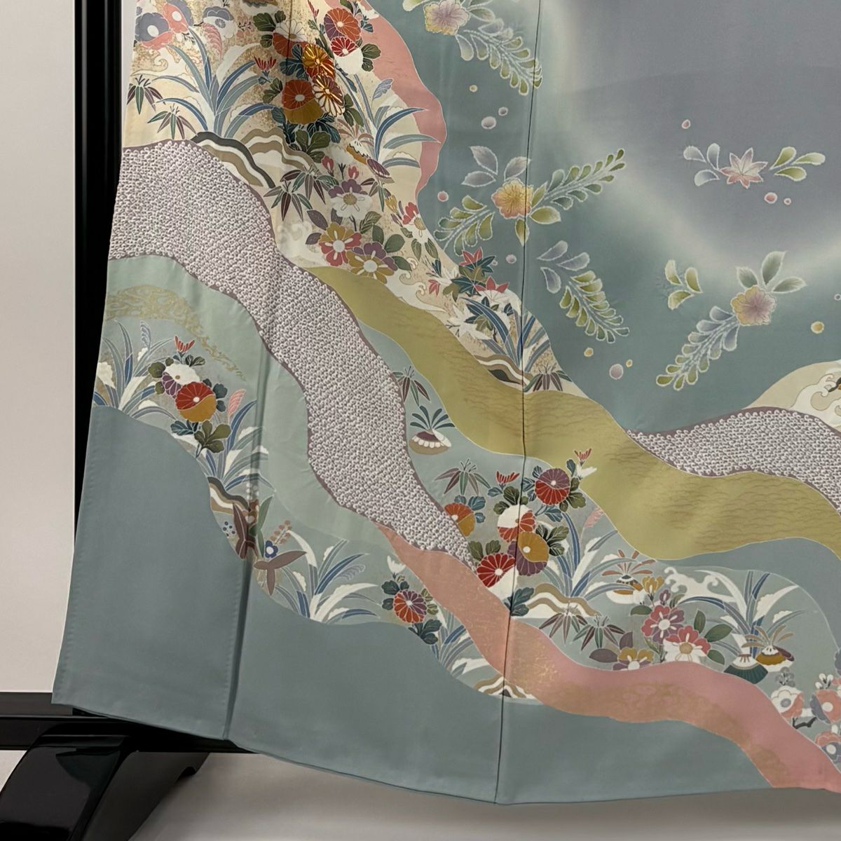 訪問服 身長161cm 袖長64cm M 雙層 草花紋紋 道長取 金絲 金銀彩 青灰 純蠶絲 秀品級 一つ紋