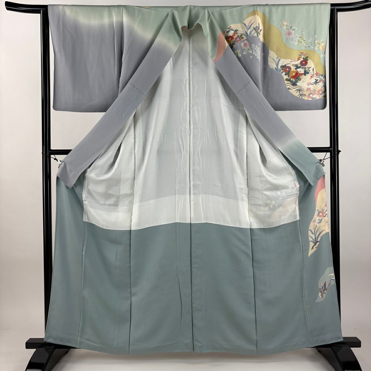 訪問服 身長161cm 袖長64cm M 雙層 草花紋紋 道長取 金絲 金銀彩 青灰 純蠶絲 秀品級 一つ紋