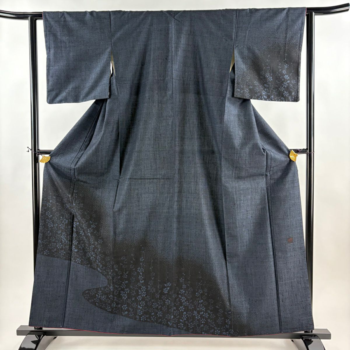 【美品】 付下 身長159cm 袖長62.5cm S 雙層 紬織織 落款 草花紋紋 流水 濃藍 純蠶絲 秀品級