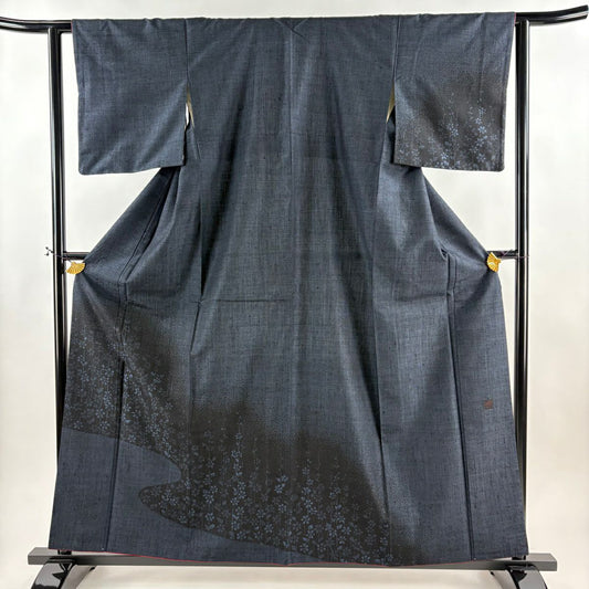 【美品】 付下 身長159cm 袖長62.5cm S 雙層 紬織織 落款 草花紋紋 流水 濃藍 純蠶絲 秀品級