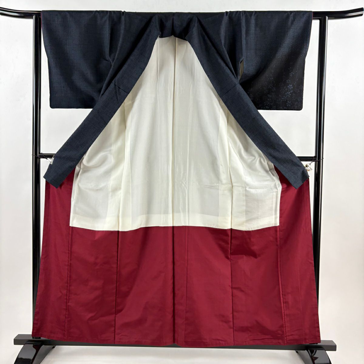 【美品】 付下 身長159cm 袖長62.5cm S 雙層 紬織織 落款 草花紋紋 流水 濃藍 純蠶絲 秀品級