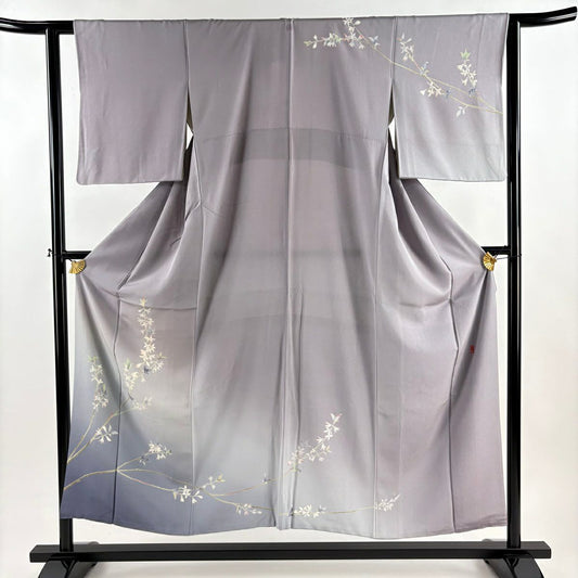 訪問服 身長153cm 袖長62.5cm S 雙層 落款有 枝花 染分 ぼかし 淡紫 純蠶絲 秀品級 一個紋