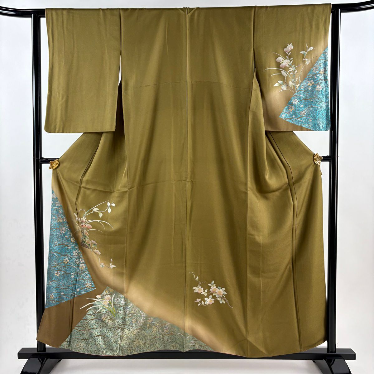 訪問服 身長157.5cm 袖長62.5cm S 雙層 花籠 芝 金銀彩 螺鈿 茶綠 純蠶絲 秀品級