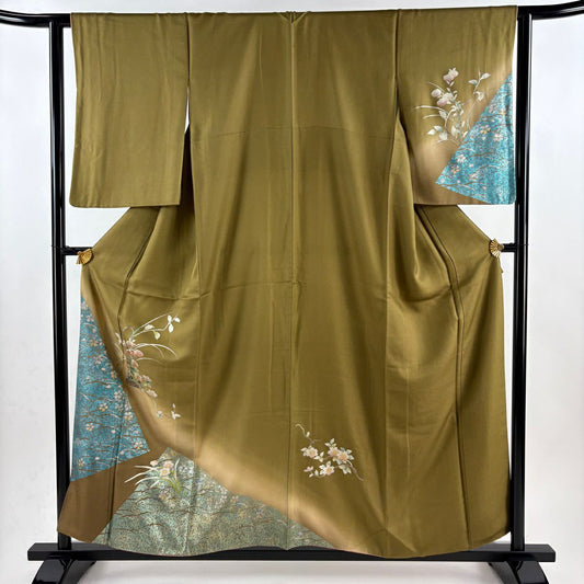 訪問服 身長157.5cm 袖長62.5cm S 雙層 花籠 芝 金銀彩 螺鈿 茶綠 純蠶絲 秀品級