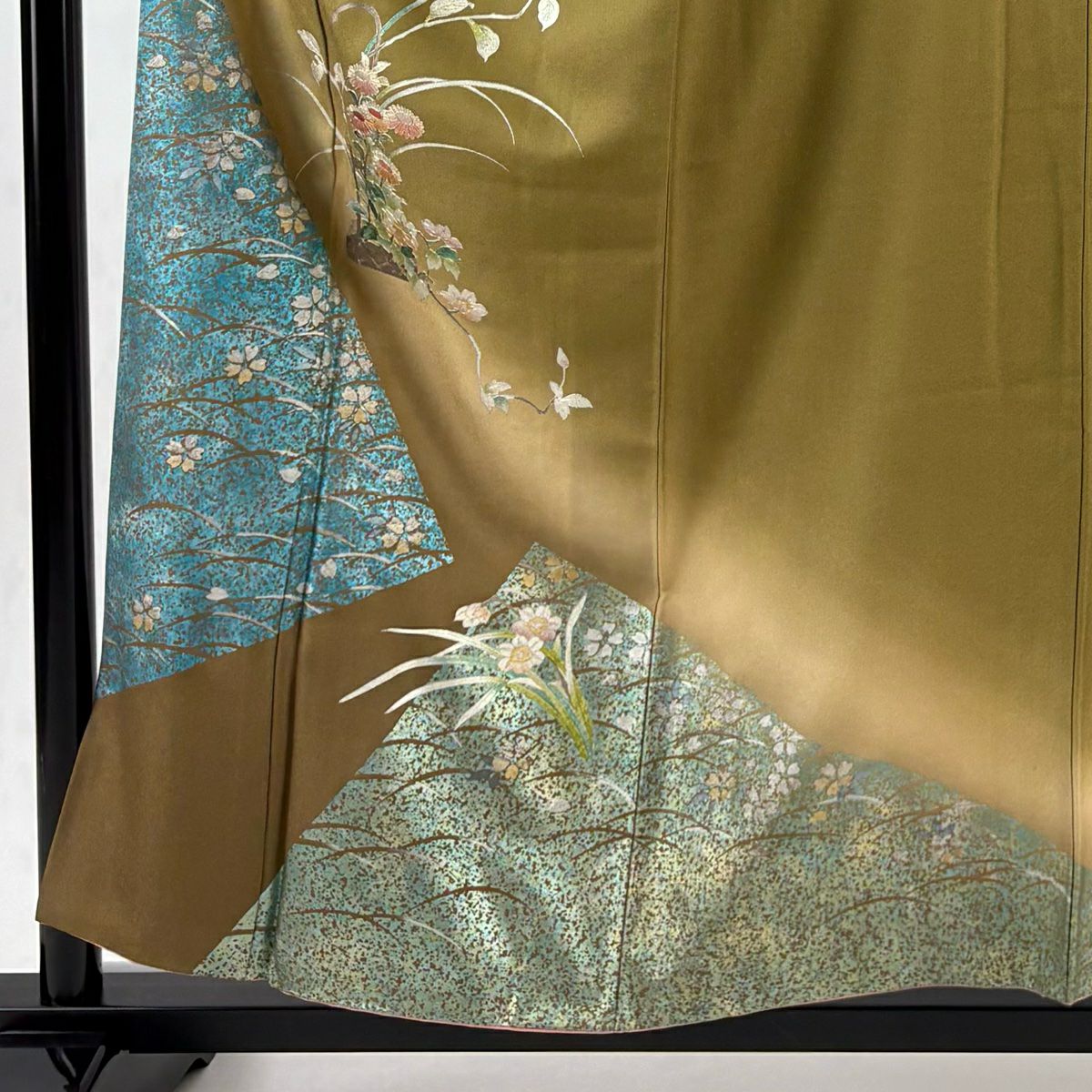 訪問服 身長157.5cm 袖長62.5cm S 雙層 花籠 芝 金銀彩 螺鈿 茶綠 純蠶絲 秀品級
