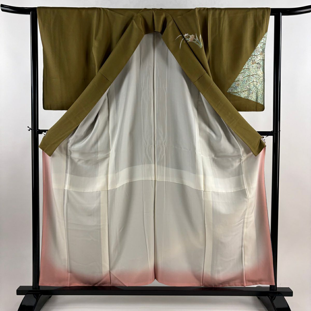 訪問服 身長157.5cm 袖長62.5cm S 雙層 花籠 芝 金銀彩 螺鈿 茶綠 純蠶絲 秀品級