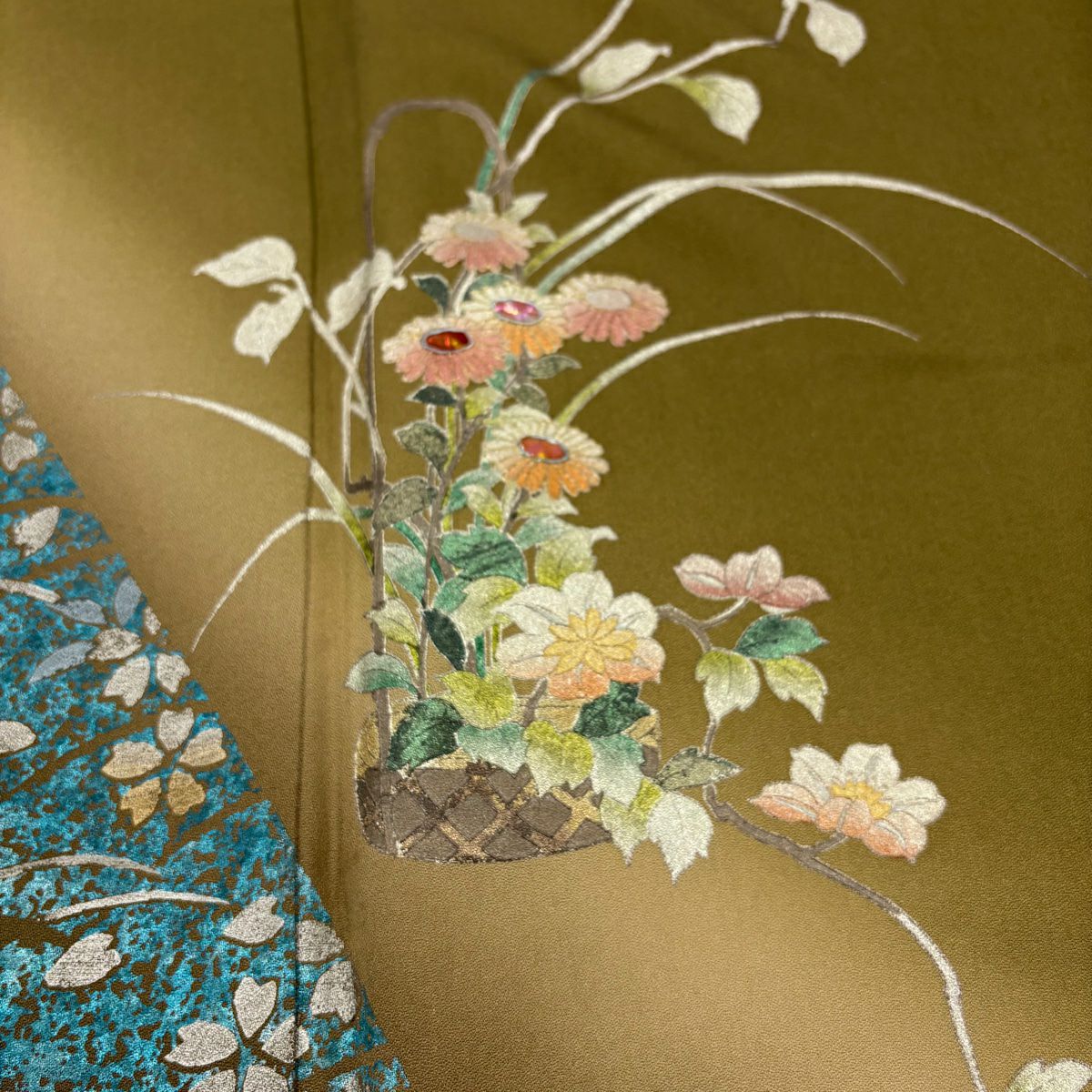 訪問服 身長157.5cm 袖長62.5cm S 雙層 花籠 芝 金銀彩 螺鈿 茶綠 純蠶絲 秀品級