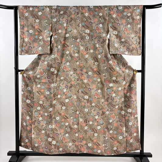 【美品】 小紋 身長157cm 袖長63.5cm S 雙層 草花紋紋 金彩裝飾 灰茶 純蠶絲 秀品級