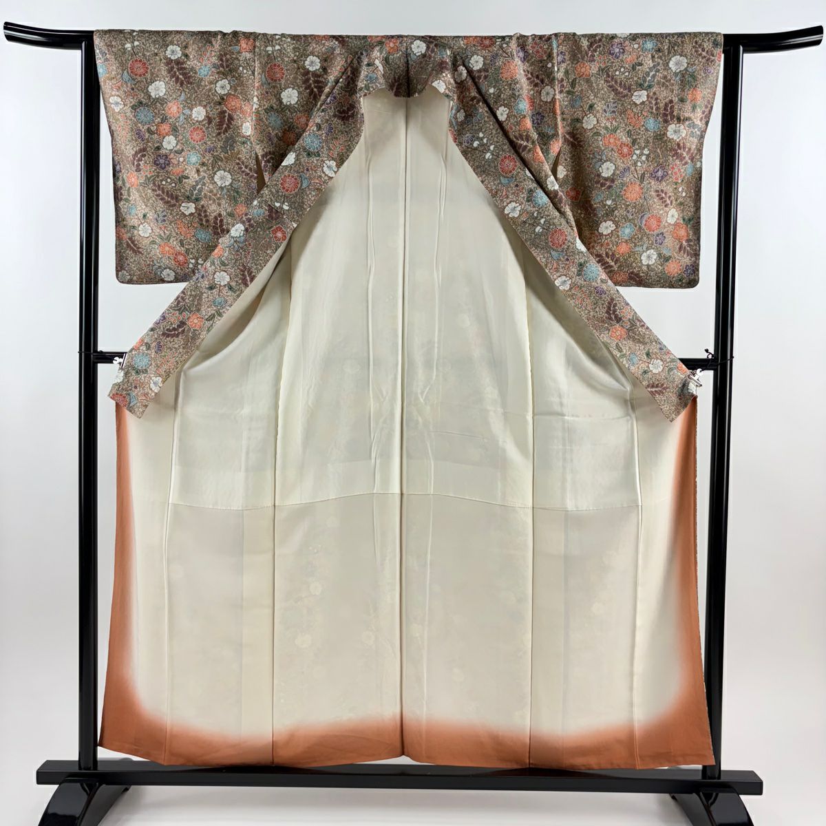 【美品】 小紋 身長157cm 袖長63.5cm S 雙層 草花紋紋 金彩裝飾 灰茶 純蠶絲 秀品級