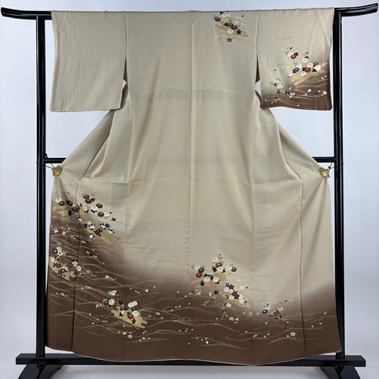 【美品】訪問服 身長157cm 袖長61.5cm S 雙層 花筏 波 金銀彩 漸層 米色 純蠶絲 優品級
