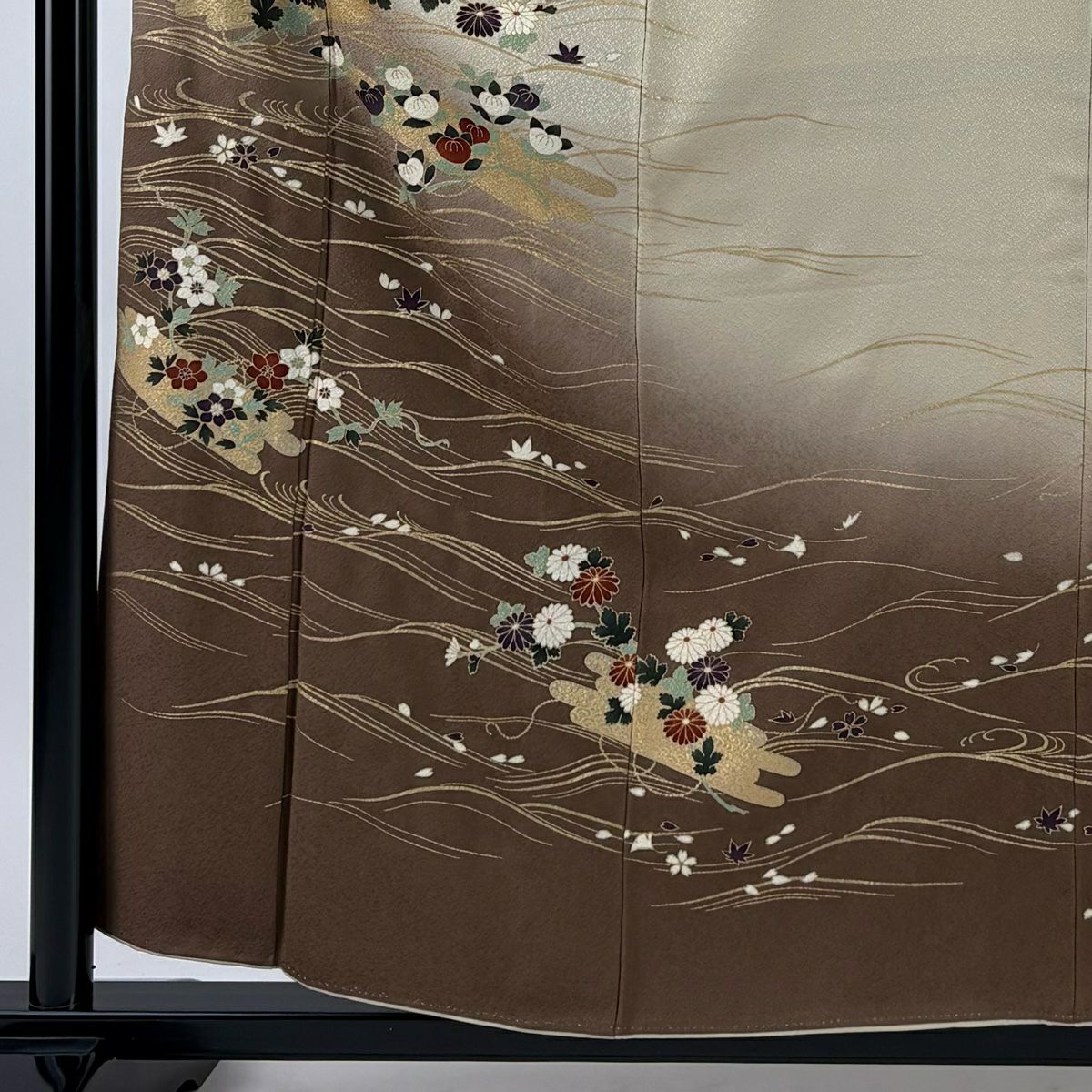 【美品】訪問服 身長157cm 袖長61.5cm S 雙層 花筏 波 金銀彩 漸層 米色 純蠶絲 優品級
