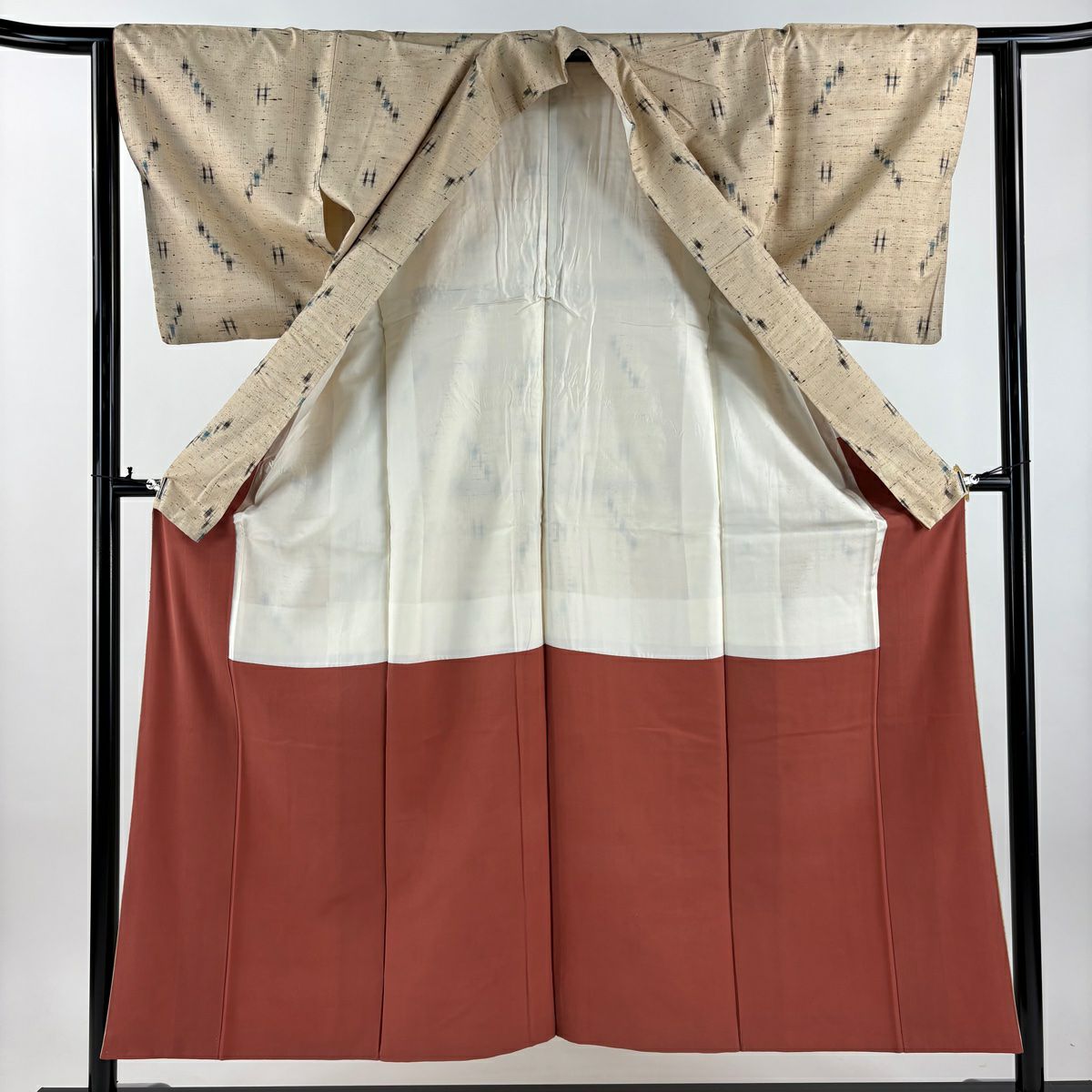 紬織 身長152.5cm 袖長61.5cm S 雙層 井格絣 米色 純蠶絲 優品級