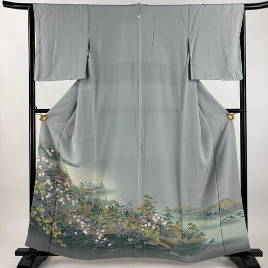 色留袖禮服 身長160cm 袖長64cm M 雙層 落款あり 風景 櫻花 漸層 青灰 純蠶絲 秀品級 一つ紋