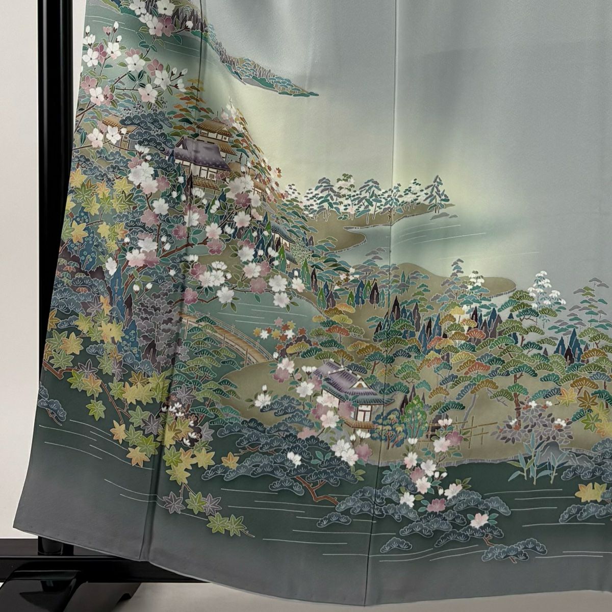 色留袖禮服 身長160cm 袖長64cm M 雙層 落款あり 風景 櫻花 漸層 青灰 純蠶絲 秀品級 一つ紋