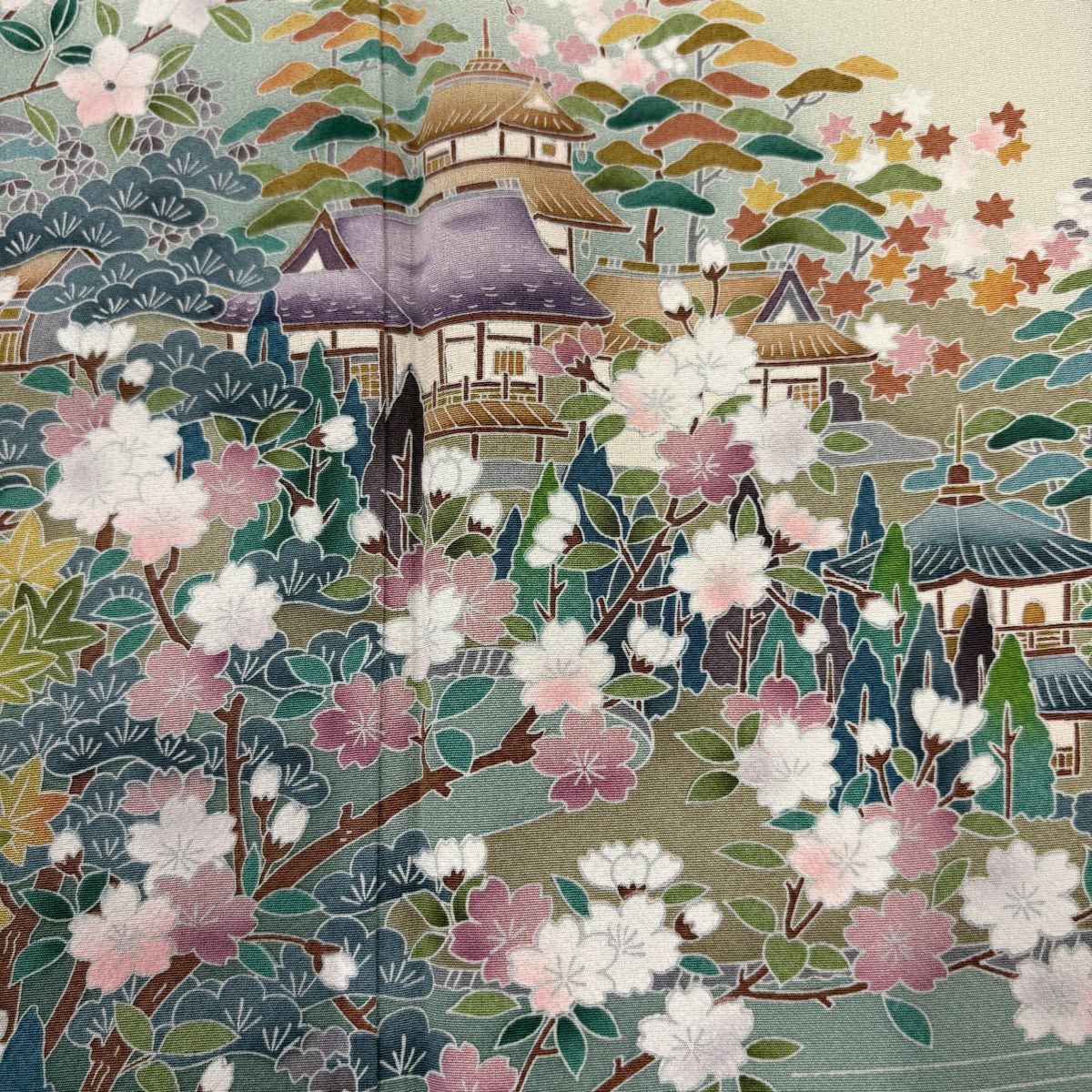 色留袖禮服 身長160cm 袖長64cm M 雙層 落款あり 風景 櫻花 漸層 青灰 純蠶絲 秀品級 一つ紋