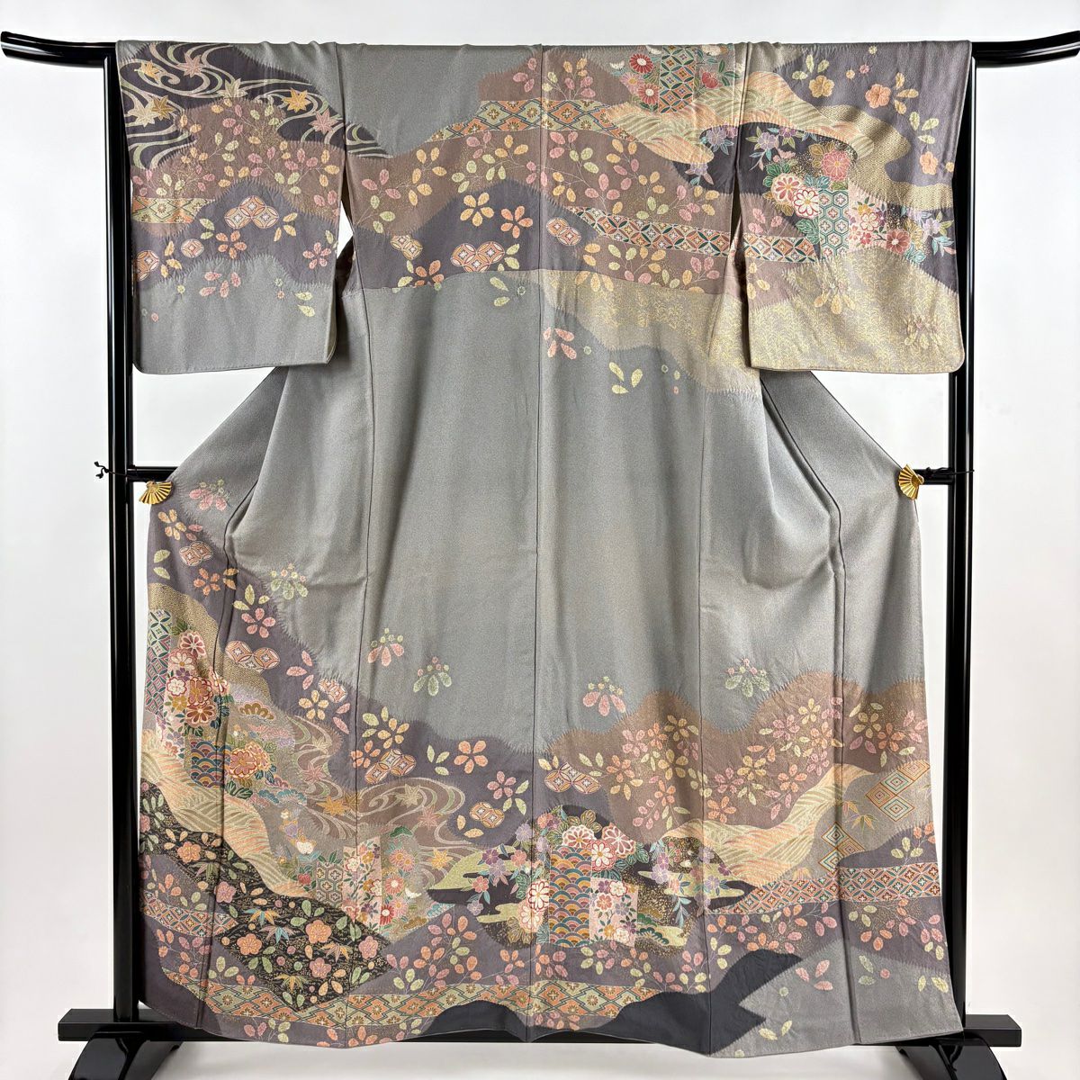 訪問服 身長160cm 袖長66.5cm M 雙層 松樹竹子梅花 波 金絲 金銀彩 灰 純蠶絲 秀品級