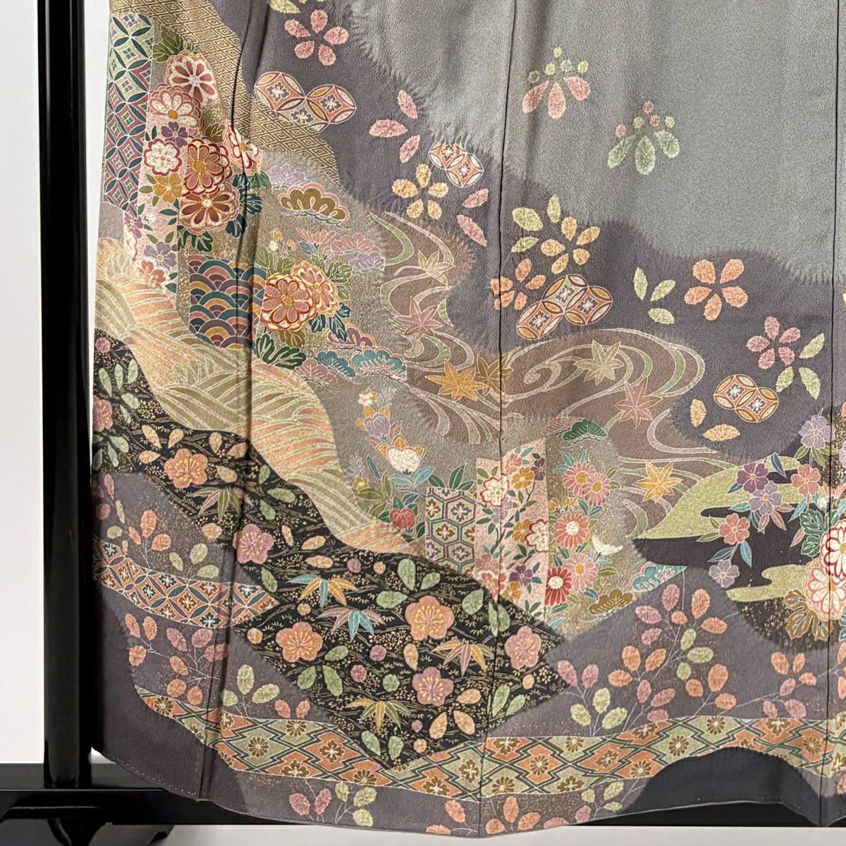 訪問服 身長160cm 袖長66.5cm M 雙層 松樹竹子梅花 波 金絲 金銀彩 灰 純蠶絲 秀品級
