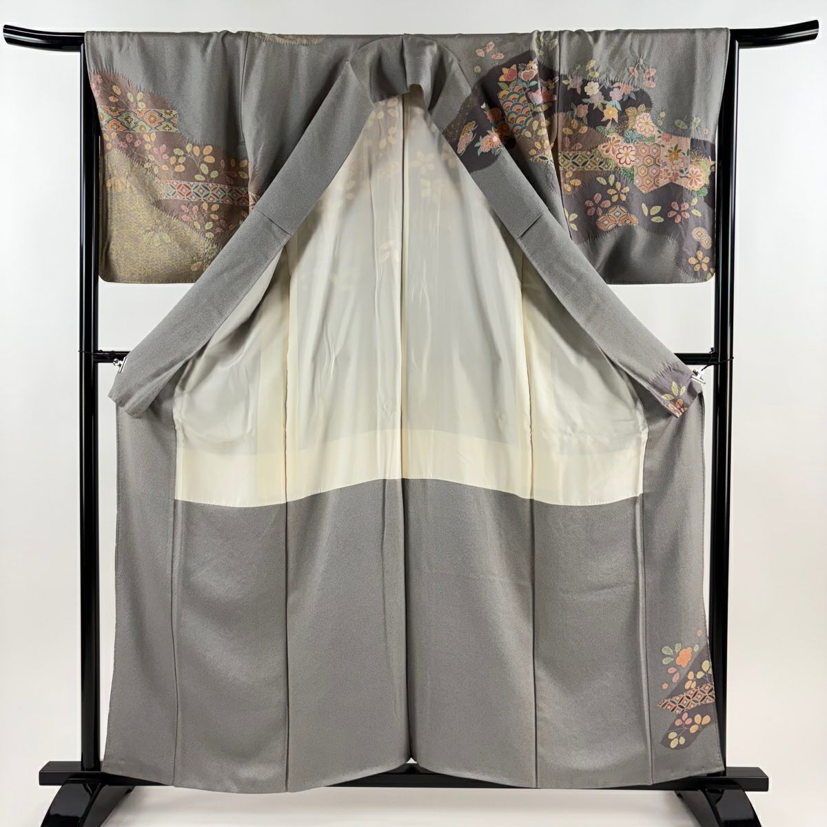 訪問服 身長160cm 袖長66.5cm M 雙層 松樹竹子梅花 波 金絲 金銀彩 灰 純蠶絲 秀品級
