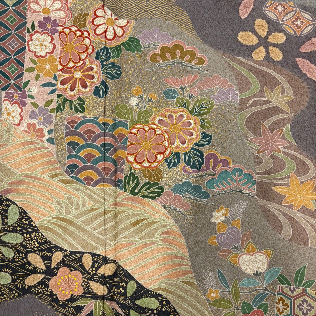 訪問服 身長160cm 袖長66.5cm M 雙層 松樹竹子梅花 波 金絲 金銀彩 灰 純蠶絲 秀品級