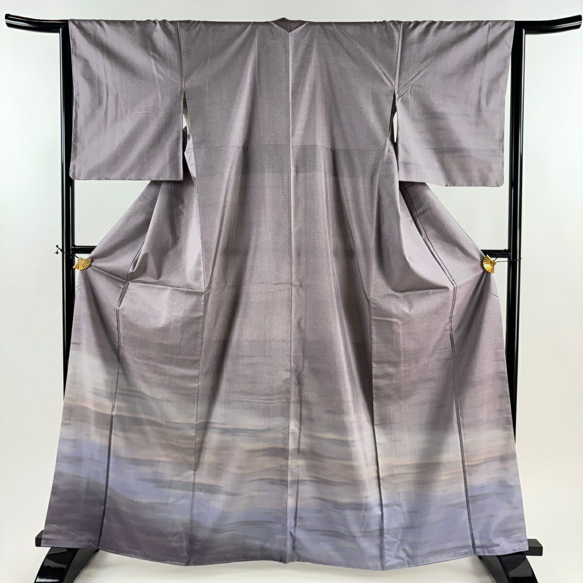 【美品】 付下 身長164cm 袖長64.5cm M 雙層 紬織織 霞 漸層 灰紫 純蠶絲 優品級