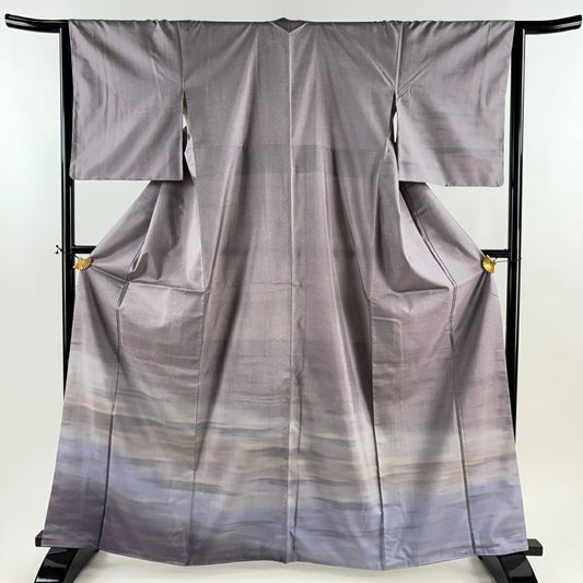 【美品】 付下 身長164cm 袖長64.5cm M 雙層 紬織織 霞 漸層 灰紫 純蠶絲 優品級