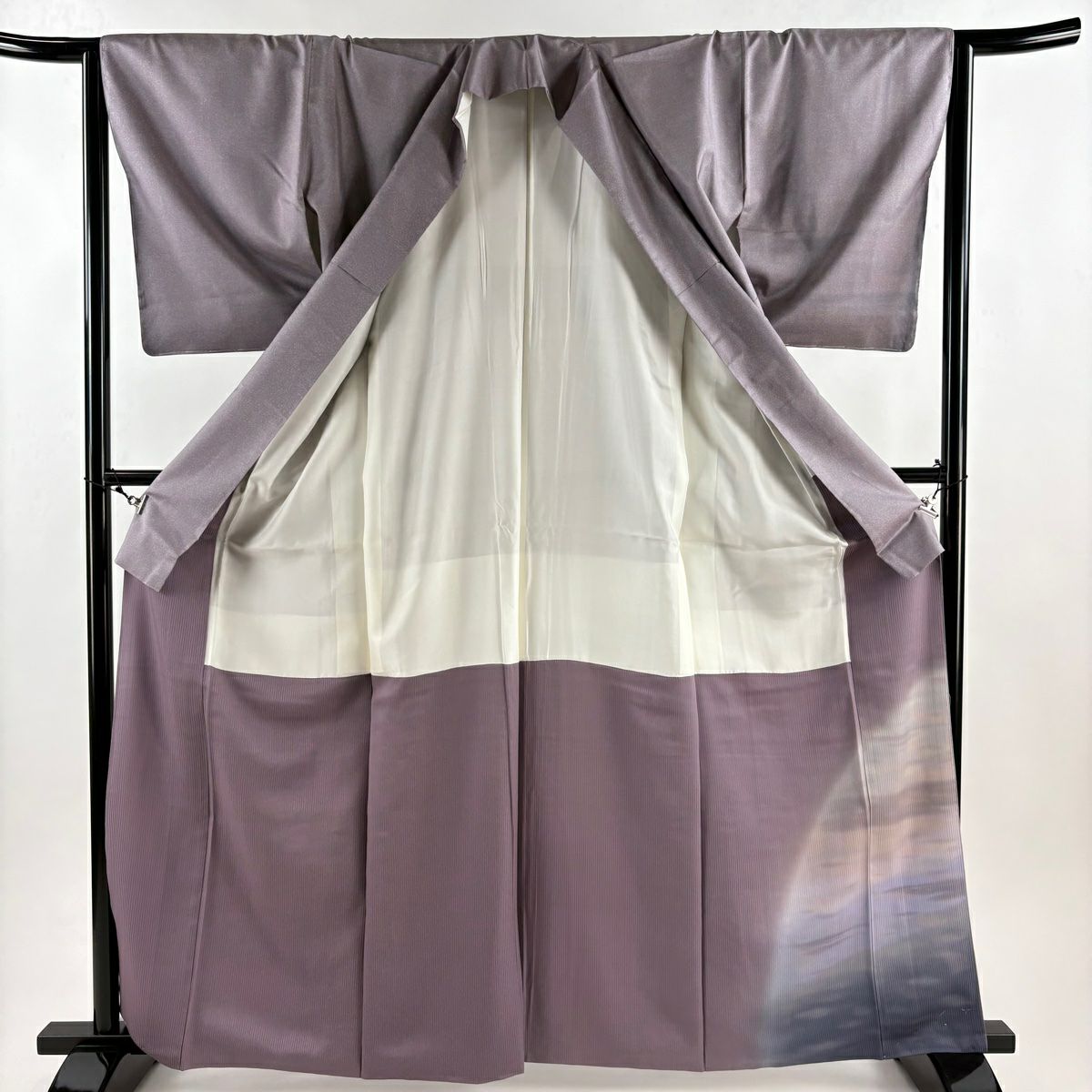 【美品】 付下 身長164cm 袖長64.5cm M 雙層 紬織織 霞 漸層 灰紫 純蠶絲 優品級