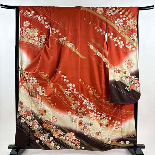 【美品】振袖禮服 身長160cm 袖長64cm M 雙層櫻花麻葉金銀彩染分 朱紅 純蠶絲 秀品級
