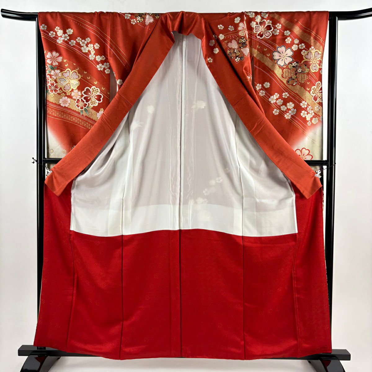 【美品】振袖禮服 身長160cm 袖長64cm M 雙層櫻花麻葉金銀彩染分 朱紅 純蠶絲 秀品級